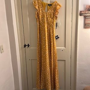 Lulu’s Fresh Picked Mustard Yellow Floral Print Backless Maxi Dress
